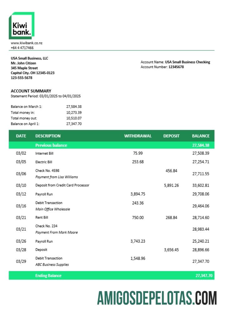 Declaração de empresa de negócios Kiwibank em formato Word e PDF (1) modelo